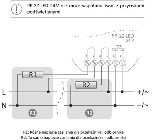 Schemat podłączenia dla przekaźnika PP-2Z-LED 24 V